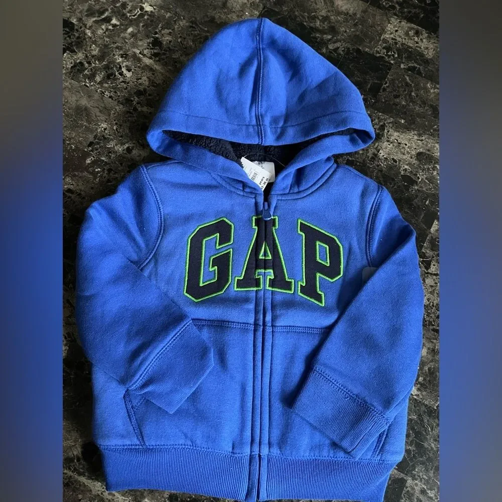 Gap Baby Front Logo Sherpa Lined Zip Hoodie Soft Cotton Fleece Winter Blue 2yrs